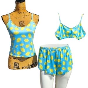 3 Piece Lemon Lingerie Lounge - PJ Set: Cami, Bralette & Shorts